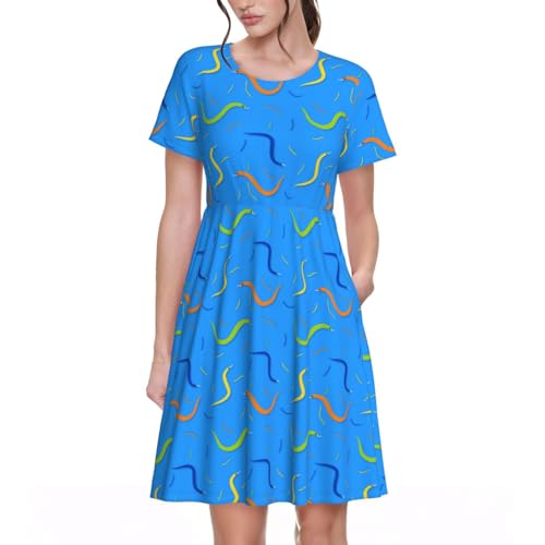 Kuilepa Damen Kleid mit buntem Schlangenprint, kurzärmelig, A-Linie, Freizeitkleid mit Taschen, Schwarz, S