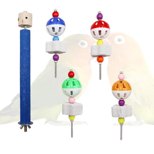 Image of Bird Perch Toy with Rotating Balls, Parrot Perch Stand with Calcium Stone Chew Toys, Bird Spinning Balls Toy, Bird Cage Accessory for Small Birds Parrots Parakeets Cockatiels Lovebirds Budgies, Black