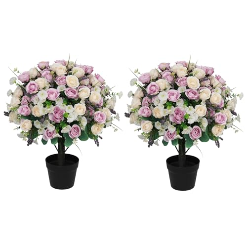 Aoutyers 24" Artificial Potted Flowers for Outdoors, Silk Rose Faux Plants