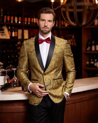 YND Men's Floral Tuxedo Jacket, Luxury Embroidered Blazer, Dress Suit with Bow Tie for Wedding Party Prom Dinner2