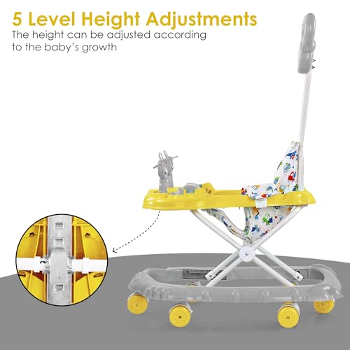 Image of BabyGo Jonny Walker for 6-24 Months | Foldable Baby Walker with Push Handle & Activity Tray | Adjustable Height Infant Walker with Wheels Music Toy Bar & Comfortable Seat (Yellow)