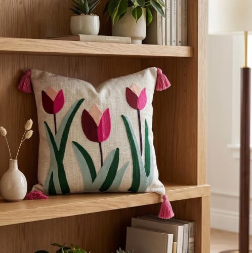 Image of Furnistitchs Handmade Cotton Bohemian Home Decor Cushion Cover 24x24 inches / 60x60 cms - Boho Chic Couch Sofa Throw Living Room Bedroom Cushions (2, Pink Tulips)