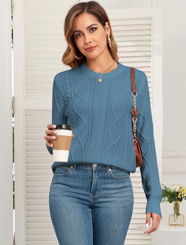 Image of ZAFUL Women's Cable Knit Sweaters Crew Neck Long Sleeve Solid Vintage Casual Pullover Sweater 2024 Fall Chunky Jumper Tops