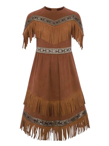 Mufeng - Mufeng Déguisement Indienne Enfant Fille Princesse Robe Suédine à Franges Déguisement Indien Vêtements Traditionnelle Robe Cosplay Halloween Marron foncé 5-6 ans