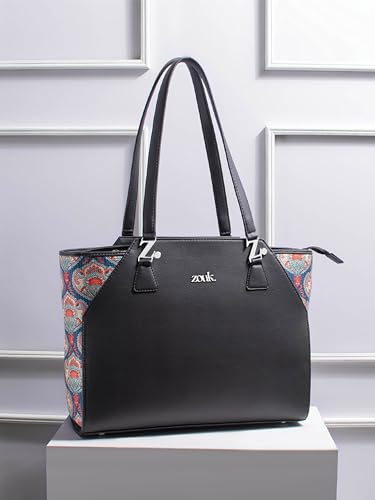 Image of ZOUK Printed Jute Handcrafted Vegan Leather Black Women's Check-point Friendly Classic Business Bag