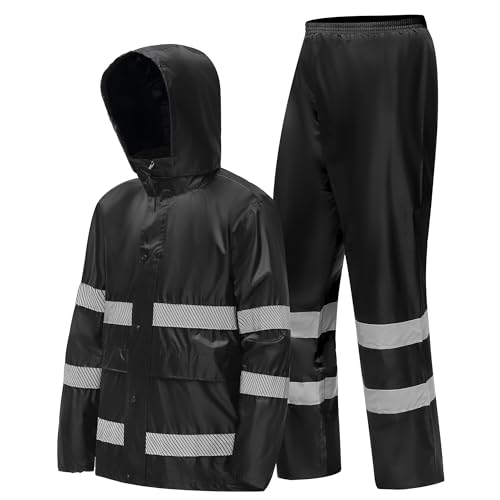 MeiLayM Trajes Impermeables Hombre y 2 Piezas Chaqueta con Capucha y pantalón Portátil Lluvia Agua y a Prueba Chaqueta con Tira Reflectante Segura Ciclismo con Capucha Impermeable Negro,XXL