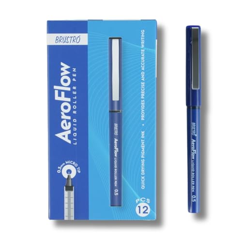Image of BRUSTRO AeroFlow Liquid Ink Rollerball Pens 0.5 Micro Tip Pack of 12 (Vibrant Blue Ink)