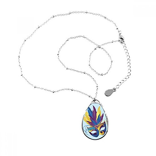 Collier masque de Venise en larme avec pendentif plume bleue