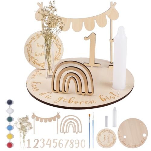 TOATELU 1 Satz Geburtstagsteller aus Holz, Personalisierter Geburtstagskranz, mit Zahlen 0-9, Kerzenhalter, Regenbögen, Getrocknete Blumen, Geburtstagsdeko für Kinder Geschenk(Deutsch)