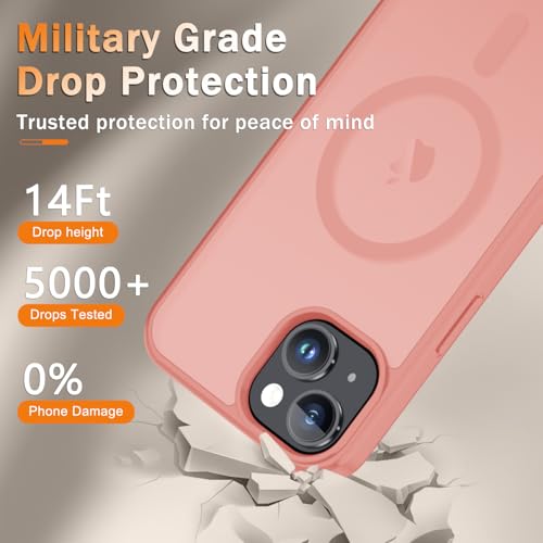 Image of YENAPOON for iPhone 15 Case, iPhone 14 /13 Case, Matte Magnetic Phone Cover [with 1 Screen Protector] [Support for MagSafe] [Shockproof Military Grade Protection] Translucent Frosted Back, Pink
