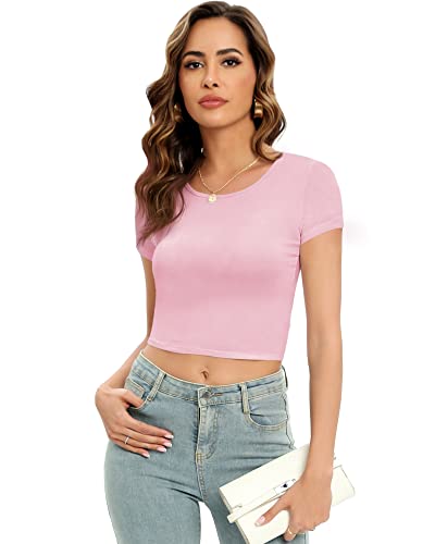 4 Pack Women's Basic Tight Short Sleeve Women Cute Trendy Crop Tops Scoop Neck Crop For Women Or Teen Girls (Black, White, Pink, Blue, Small) #TOP2