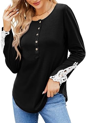 Womens Thin Sweaters Long Sleeve Lace Round Neck Tunic Tops Round Bottom Black XXL