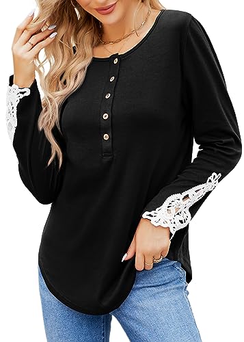 Womens Thin Sweaters Long Sleeve Lace Round Neck Tunic Tops Round Bottom Black Xxl #TOP16