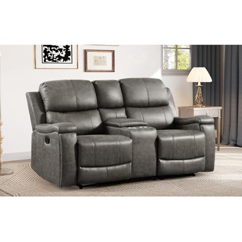 Image of CANMOV Manual Reclining Loveseat Sofa with Console,Faux Leather Double Recliner Loveseat Sofa with Hidden Storage and Cup Holders,Manual Recliner Loveseat Couch Set for Living Room,Grey