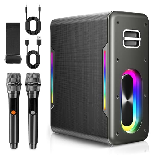 Portable Karaoke Machine, with 2 Wireless Microphones & LED Party Lights