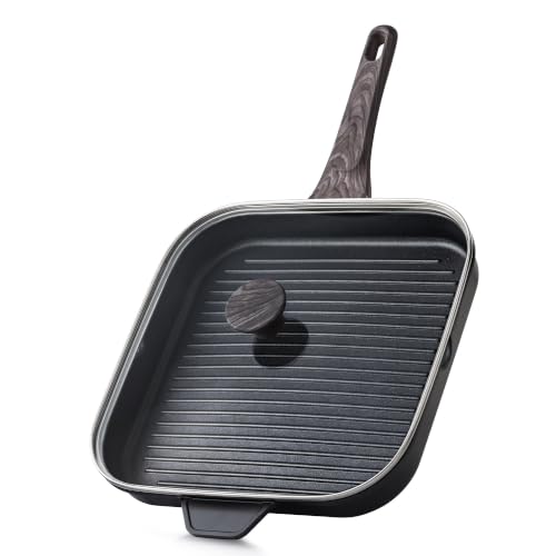 Image of SENSARTE Nonstick Grill Pan with Lid, Grill Pan for Stove Tops, Versatile Griddle with Pour Spouts, Square Big Cooking Surface, Durable Skillet Indoor & Outdoor Grilling. PFOA Free, 9.5 Inch, 12Inch