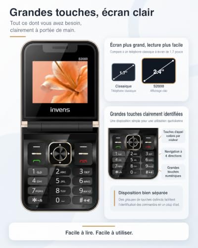 invens S2000 Téléphone à Clapet Senior, Grandes Touches, SOS, Quad SIM Noir – vue 6
