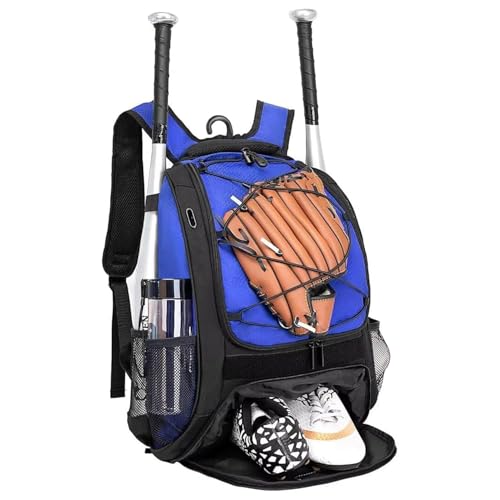 DAFISKY Baseball Bag Softball Backpack - Youth Adult T Ball Bat Equipment Bag with Bat and Helmet Holders Shoe Compartment and Hook Blue