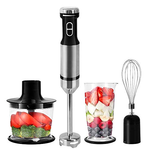 Stabmixer, 4-in-1-Smart EIN-Knopf-Eintauchmischer, 500 W Elektrischer Stabmixer aus gebürstetem Edelstahl mit Doppel-Mix-Schneebesen und