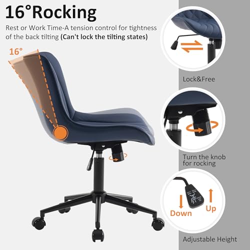 Image of YOUTASTE Navy Blue Office Chair, Faux Leather Armless Desk Chair with Wheels, Height Adjustable, Swivel, Rocking, 300 lbs Capacity, Metal Base, for Home Office Vanity, Purple