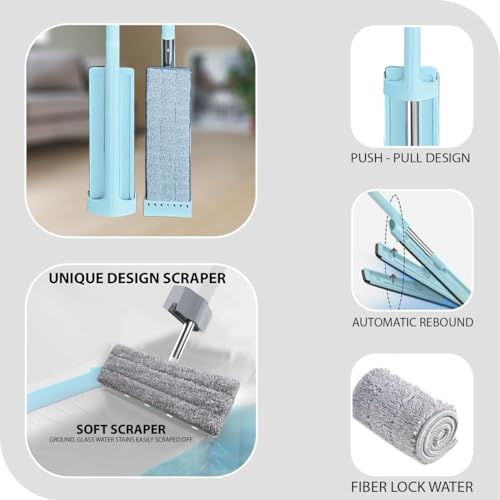 Image of Raxon Innovation Hands-Free Squeeze Mop for Floor Cleaning | Flat Magic Mop With Telescopic Stick, Two Reusable Microfibre Pad Steel Fiber Ru Wet PVA (Green)