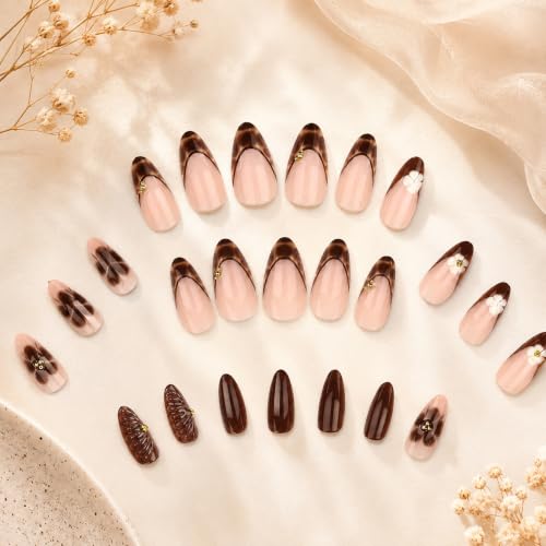 Image of Secret Lives Almond Press-On Nails 24-Piece Set with Kit Translucent Pink,Glossy Brown 2D FlowerArt Tortoiseshell Tips & Gold Stone Accents Artificial Nail Art