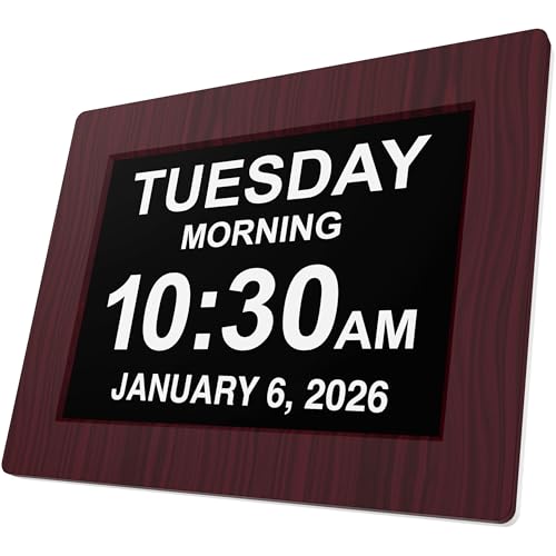 American Lifetime, Newest Version, Day Clock Extra Large Impaired Vision Digital Clock with Battery Backup and 5 Alarm Options, Premium Mahogany Color, 8 inch