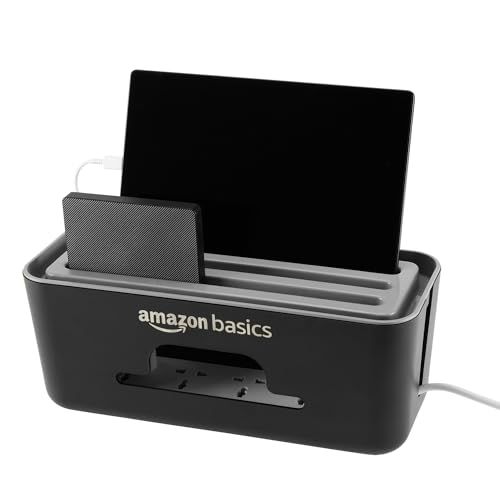 Image of Amazon Basics - Cable Management Box with Mobile Stand - Power Strip, Cords, Wires | Surge Protector Hiding Cover Organizer for Home, Office (Black)