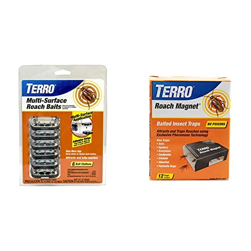 Terro T500 Indoor Multi-Surface Roach Killing Bait Cockroach Killer - 6 Bait Stations & T256 Roach Magnet Trap with Exclusive Pheromone Technology Brown/A