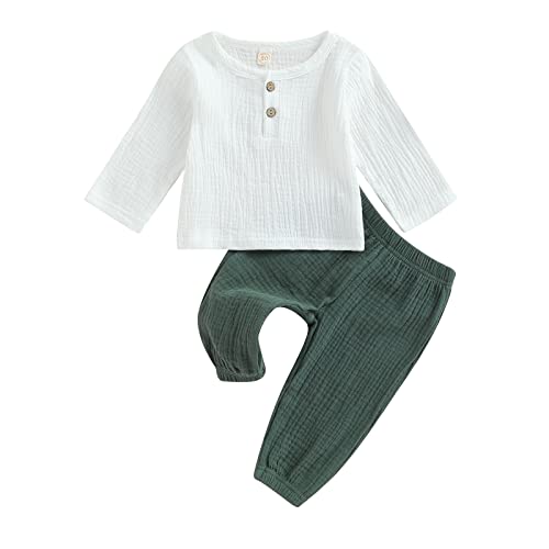 Image of Baby Boy Girl Clothes Toddler Cotton Linen Outfit Muslin Long Sleeve T-Shirt Tops Pants Set
