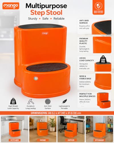 Image of Multipurpose Step Stool with Anti-Skid Surface for Home, Kitchen & Office | Premium Plastic Ladder Stool | 220 kg Hight Weight Load Capacity | 60 x 47 x 51.5 cm  (Mango Orange)