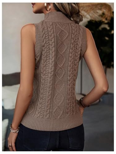 Image of MakeMeChic Women's Cable Knit Sweaters Sleeveless High Neck Knitted Pullover Tops Khaki Medium