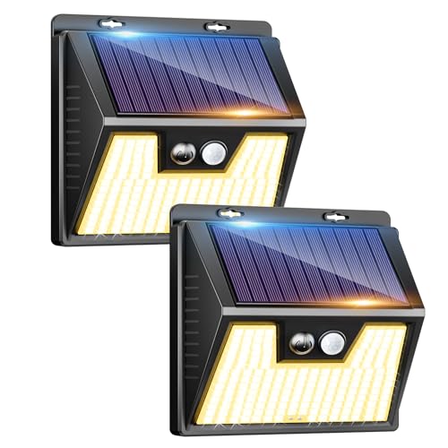 kolpop Poderosa luz solar exterior branca quente, [2 pacotes/3 modos] focos led solares exteriores 140 LED, luz solar exterior com sensor de movimento impermeável IP65 holofote solar para terraço