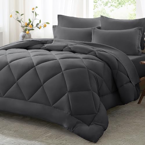 Anluoer Queen Comforter Set,Dark Grey Bed in a Bag 7 Piece,Lightweight Bedding Set with Soft Down Alternative Fill,Bed Set Includes Comforter, Fitted Sheet, Flat Sheet,Pillowcases and Shams