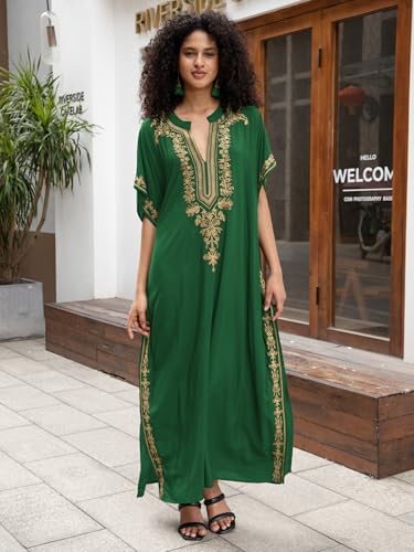 Image of KECVOT Kaftan Dresses for Women Embroidered Short Sleeve V-Neck Plus Size Caftan Bikini Swimsuit Cover-Up Long Beach Dress