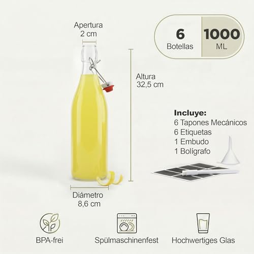 Miniatura 2 de Casavetro Botellas De Vidrio De 1000 Ml Con Tapas Abatibles, 6 Botellas Reutilizables Herméticas Para Cerveza Casera, Aceite, Vinagre, Cerveza, Agua, Refrescos, Vino, Fabricadas En La Ue 6 X 1 Litro