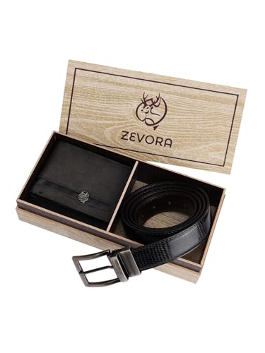 ZEVORA Men’s Leather Wallet & Reversible Belt Gift Set Combo for Men | Wooden Box Packing | Gift Hamper for Birthday, Anniversary, Festivals & Corporate Gifts (COB44)