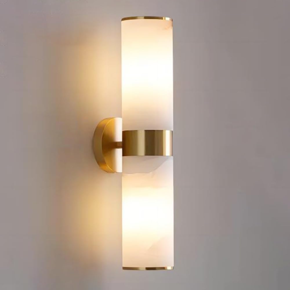 KBUUKYYXouy Alabaster Sconces Wall Lighting Up Down 2-Light Brass Lamp, Modern Dresser Lights with Cylindl Natural Marble Lampshade, Lamps for Bedroom Living Room Hallway Stairs Decor (d)(Gold)