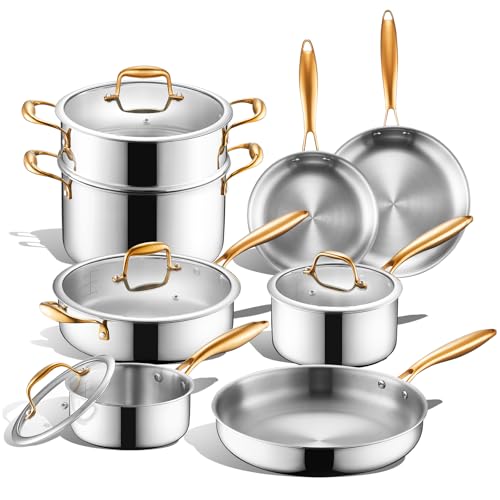 Image of Triple Ply Stainless Steel Pots and Pans Set, EWFEN 12 Piece Induction Cookware Set, Oven Dishwasher Safe | Frying Pans, Saucepans, Saute Pan & Stock Pot, PFOA Free Kitchen Skillet, Gold