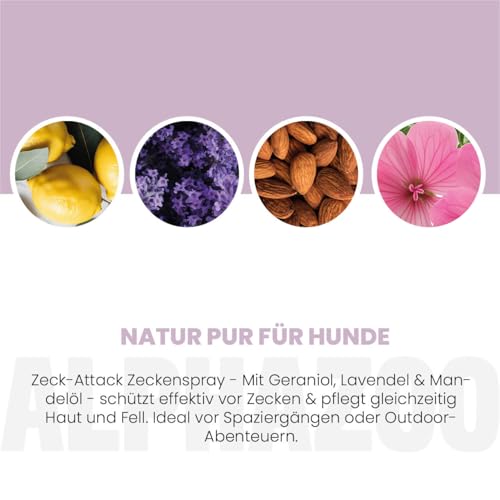 alphazoo ZeckAttack Zeckenspray für Hunde 100 ml - Natürlicher Zeckenschutz für Dein Hund mit Geraniol, Lavendel & Mandelöl, einfache Anwendung, sanft zur Hundehaut - Natürliche Inhaltsstoffe