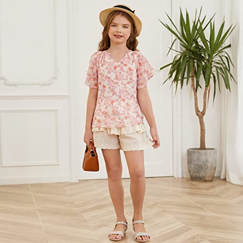 Blibean Girl Summer Blouse Short Sleeve Shirts Tween Kids Ruffle Tops Spring Boho Flower Clothes Floral Clothing Size 4-5 Years Small Orange #TOP3