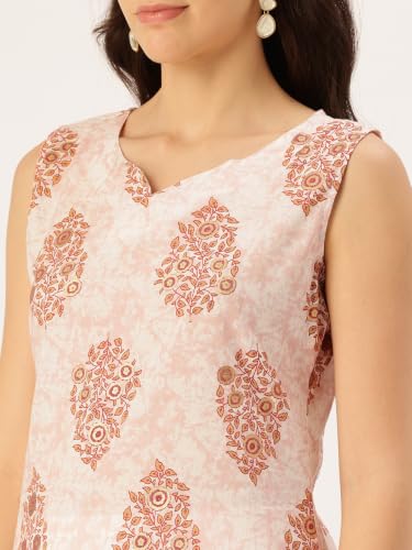 Image of feranoid Women's Pure Cotton Floral Print Straight Kurti | Elegant Curved V-Neck | Sleeveless Calf-Length Ethnic Wear | Comfortable Regular Fit | Sizes XS-XXL