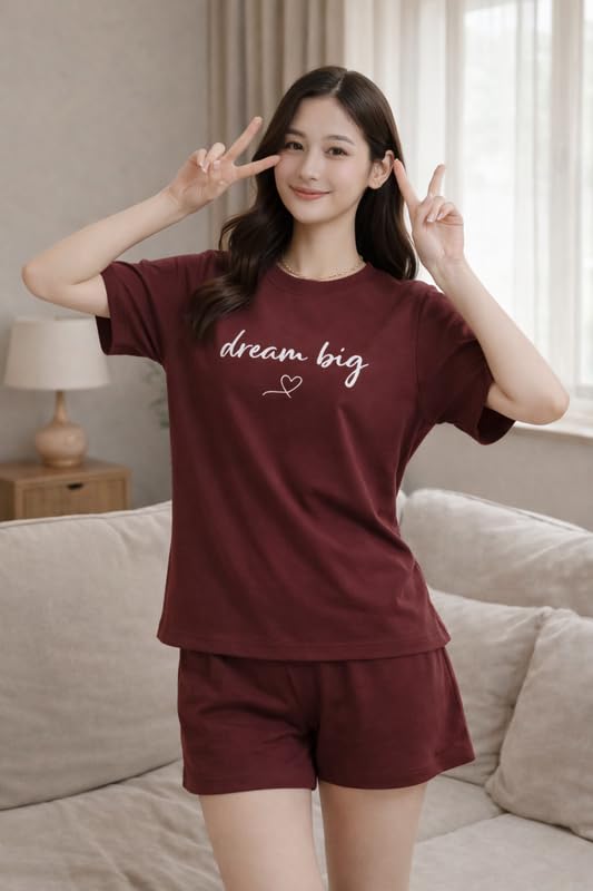 Image of KSHS Women Cotton Night Suit Top & Shorts Set | Loose Fit Printed Nightwear Co Ord Set Stylish Western | Soft Breathable Sleepwear Shorts with Pocket for Women