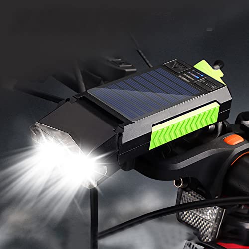 5-in-1 Bike Headlight & Horn for Night Riding with Solar Panel and USB Port, Water-Resistant Bicycle Lights for Cycling Safety Bicycle Lamp for Mountain with Emergency Light ( Green )