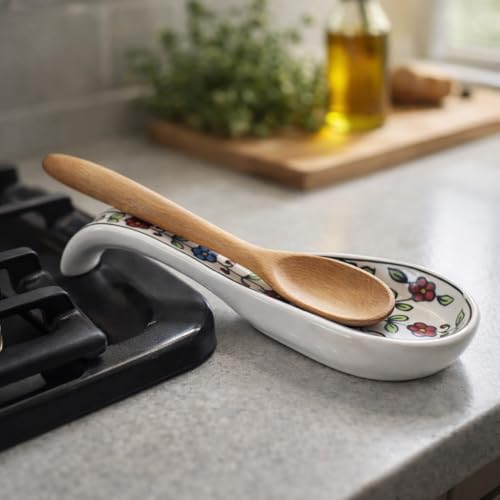 Image of Handcrafted Floral Ceramic Spoon Rest, Kitchen Counter Spoon Holder for Cooking Utensils, Ladle & Spatula Rest, Heat Resistant Kitchen Accessory | Spoon Rest for Kitchen & Dining