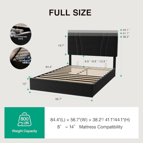 Image of Novilla Full Lift Up Storage Bed Frame /Charging Station /LED Light, Black