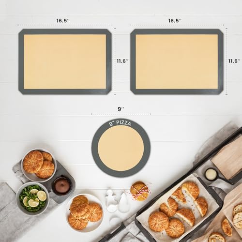Image of Silicone Baking Mat 3 Pack Reusable Silicone Baking Sheet Liner for Oven 2 Half and 1 Round Pizza Nonstick Mat for Bread, Dough, Macaron, Cookie Cooking Liners for Kitchen Counter Bakery Supplies
