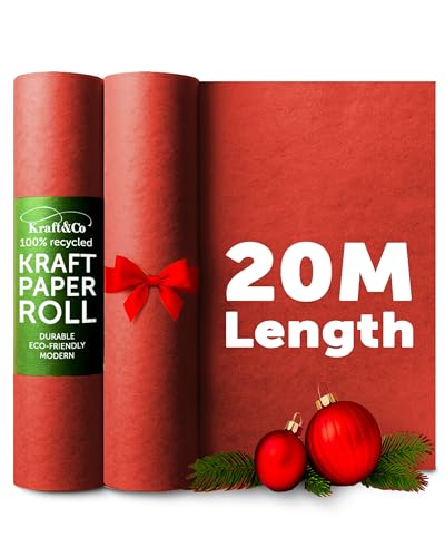 Kraft & Co Recycled Kraft Wrapping Paper Roll 69cm x 20m– 80gsm Durable Tear-Resistant Gift Wrap, Eco-Friendly, Recyclable & Biodegradable – All-Occasion Wrapping Paper - Red