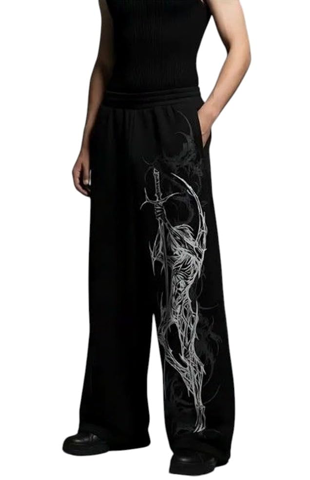 Black Baggy Sweatpants with Tribal Spider Graphic Print, Wide Leg, Elastic Waist-picture-14