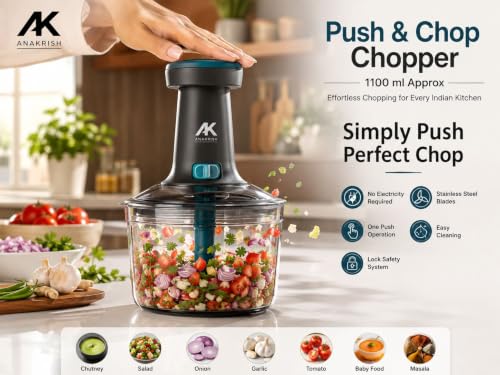 Image of Manual Food Chopper with 6 Stainless Steel Blades | Multipurpose Food Processor for Onion, Garlic, Tomato, Nuts & Herbs | 1100 ml Large Capacity Vegetable & Fruit Chopper
